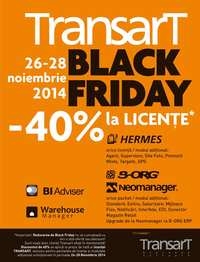 Oferta Transart Black Friday 2014 la ERP, SFA, BI, Warehouse Manager