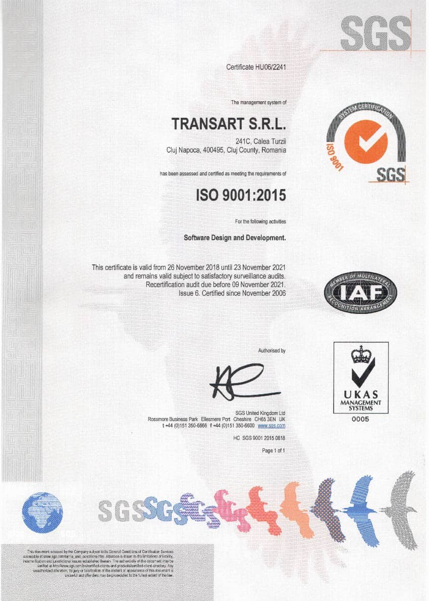 Certificat ISO Transart