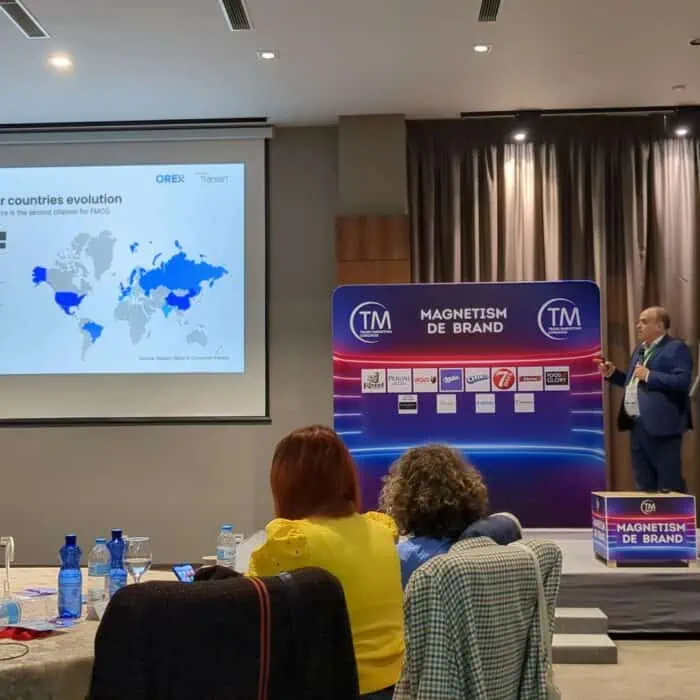 Global business presentation on e-commerce growth and international markets at Transart conference.